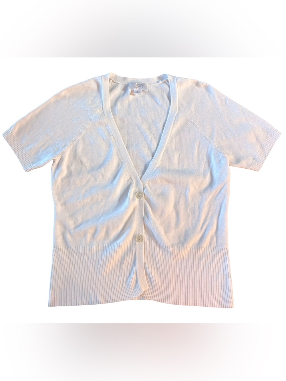LOFT White Short-Sleeve V-Neck Button Cardigan 100%Cotton Women’s M